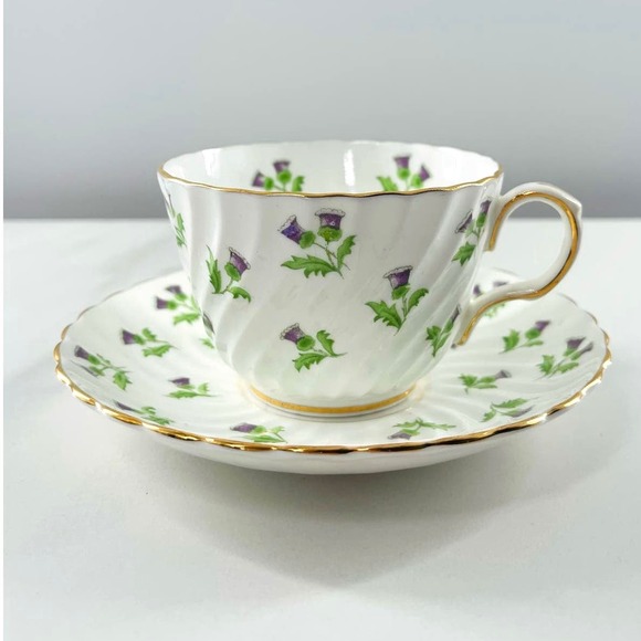 AYNSLEY BONE CHINA TEACUP &  SAUCER SET / PURPLE THISTLE / MADE IN ENGLAND - Picture 9 of 10
